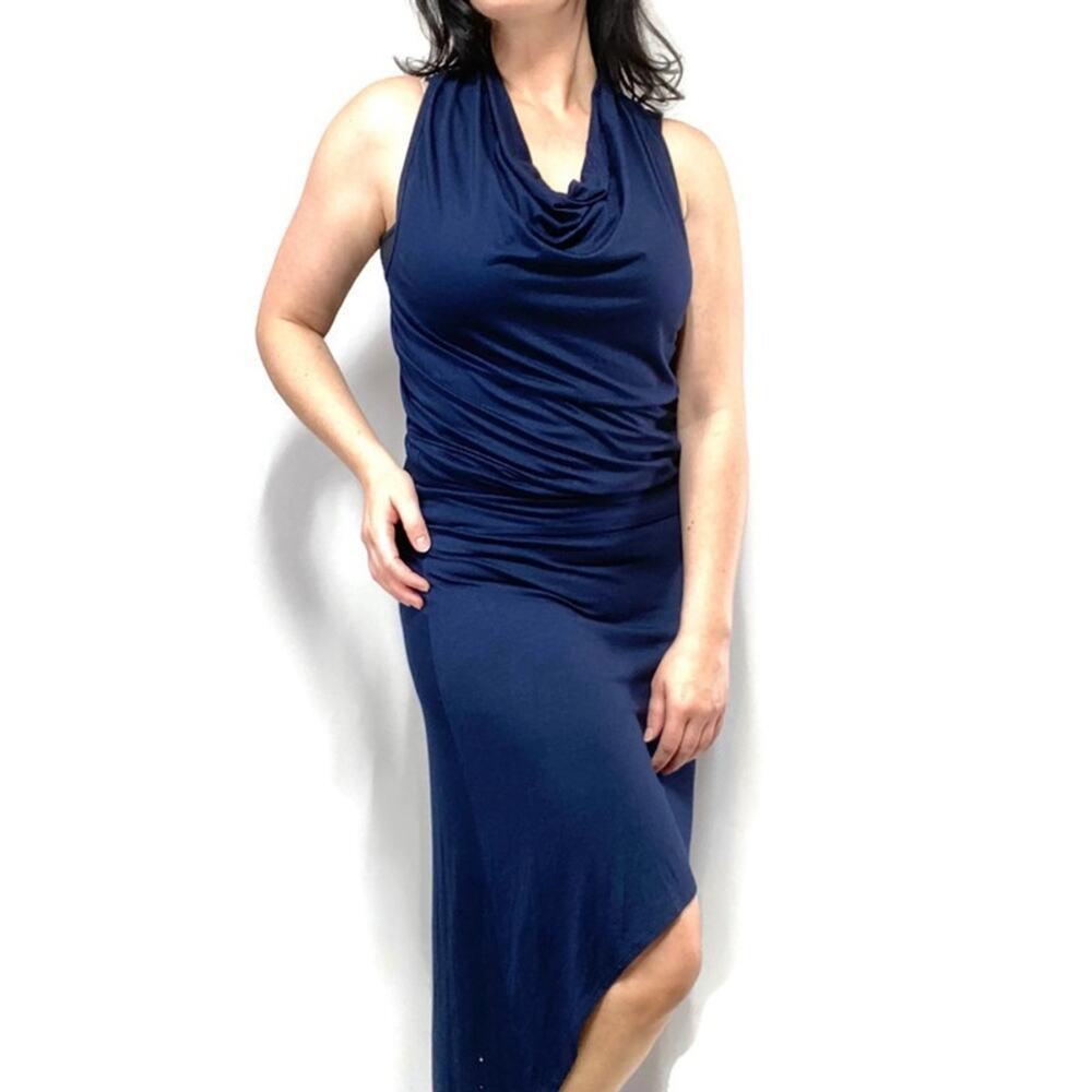Trina Turk Navy Blue Drop Waist Cowl Neck Dress Size Small